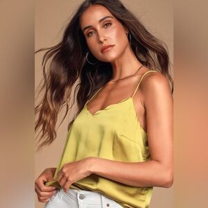 Lulu’s Initiate Chartreuse Satin Scalloped Cami Top